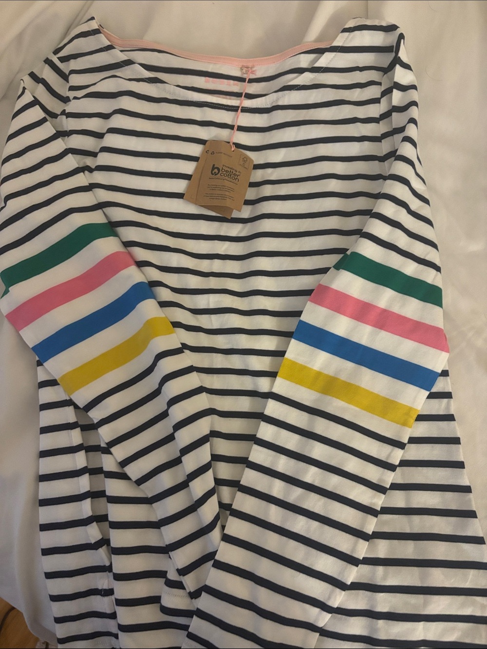 Boden White Navy Striped Long-Sleeve Top with Colorful Sleeve Stripes